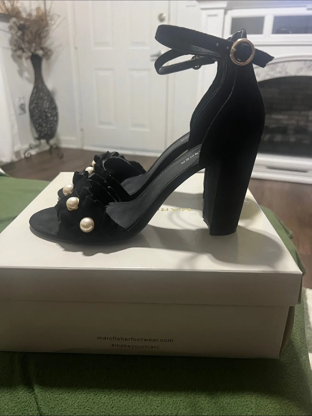 Marc Fisher Black Suede Pearl-Trim Ankle Strap Heels